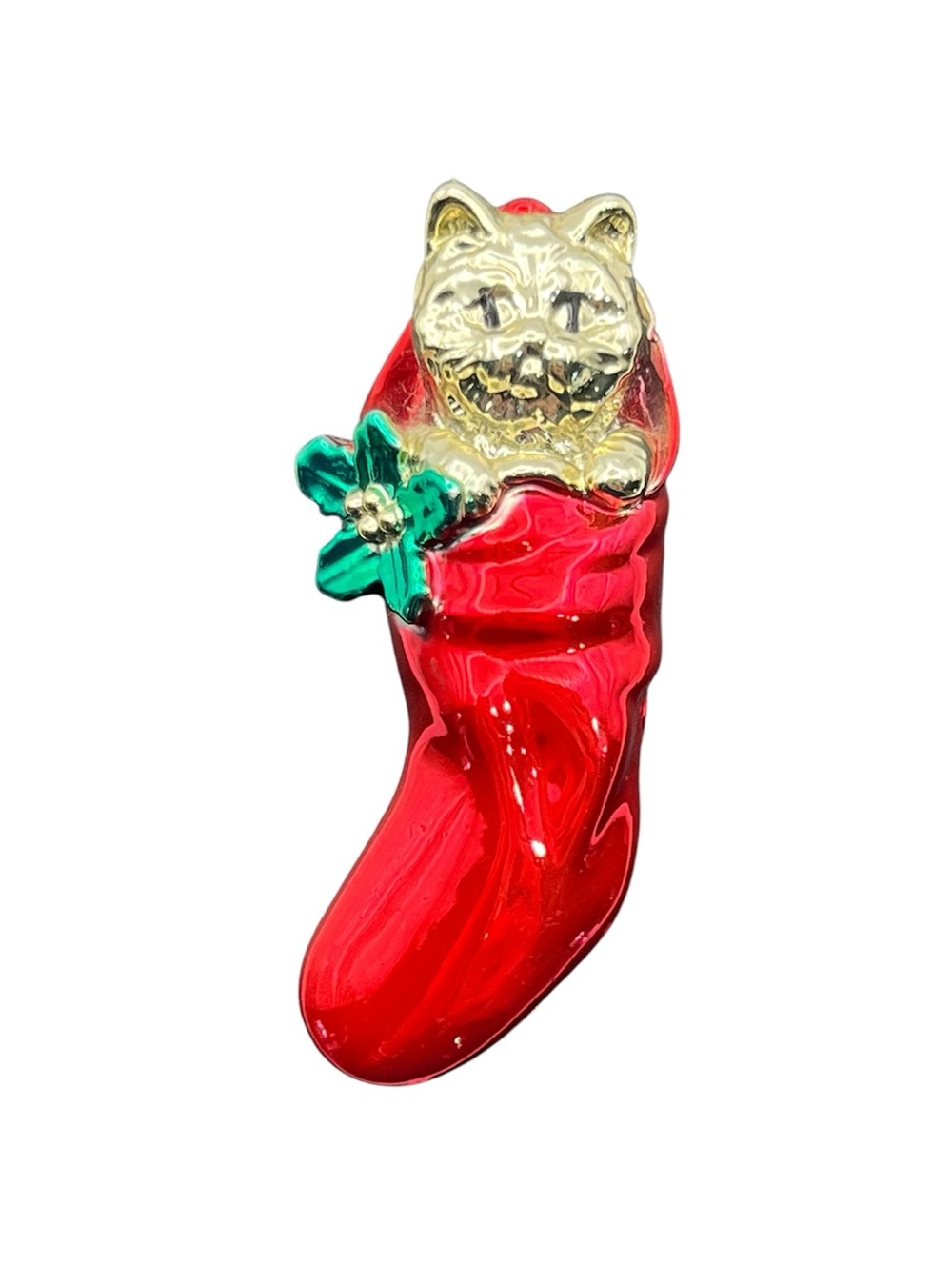 AJC kitty cat in Christmas stocking red enamel gold tone brooch pin vintage